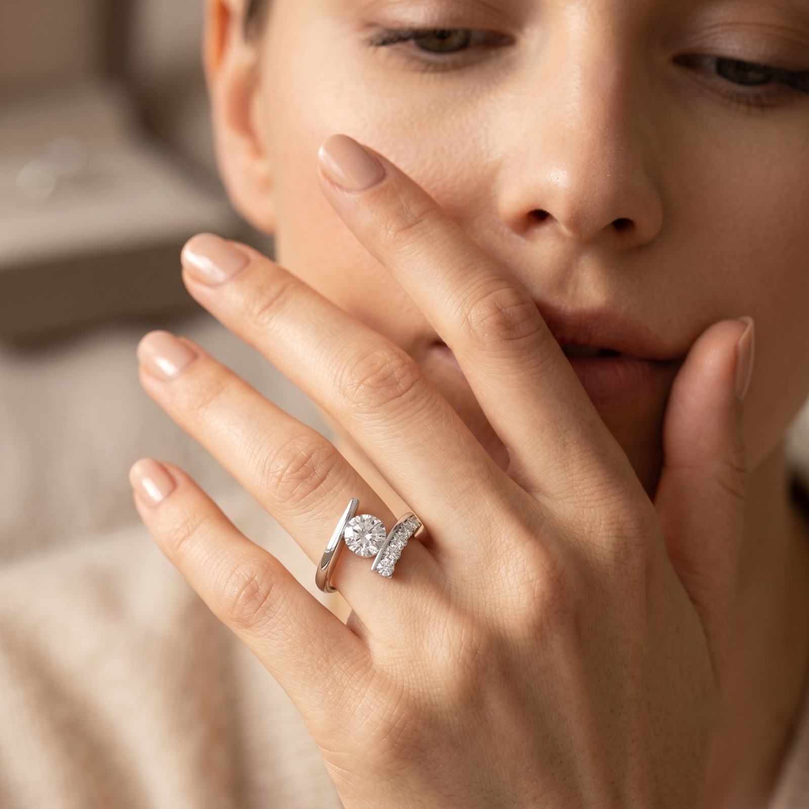 Round Cut CZ Engagement Ring, Cubic Zirconia Solitaire Ring, Bypass Promise Ring