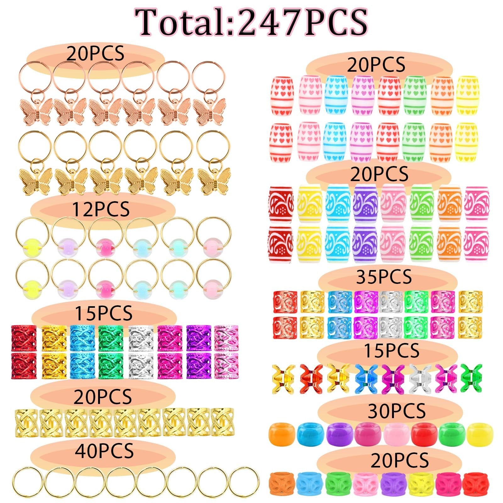 247PCS Hair Jewelry for Braids Mixed Color Loc Dreadlock Beads Metal Alloy Ha…
