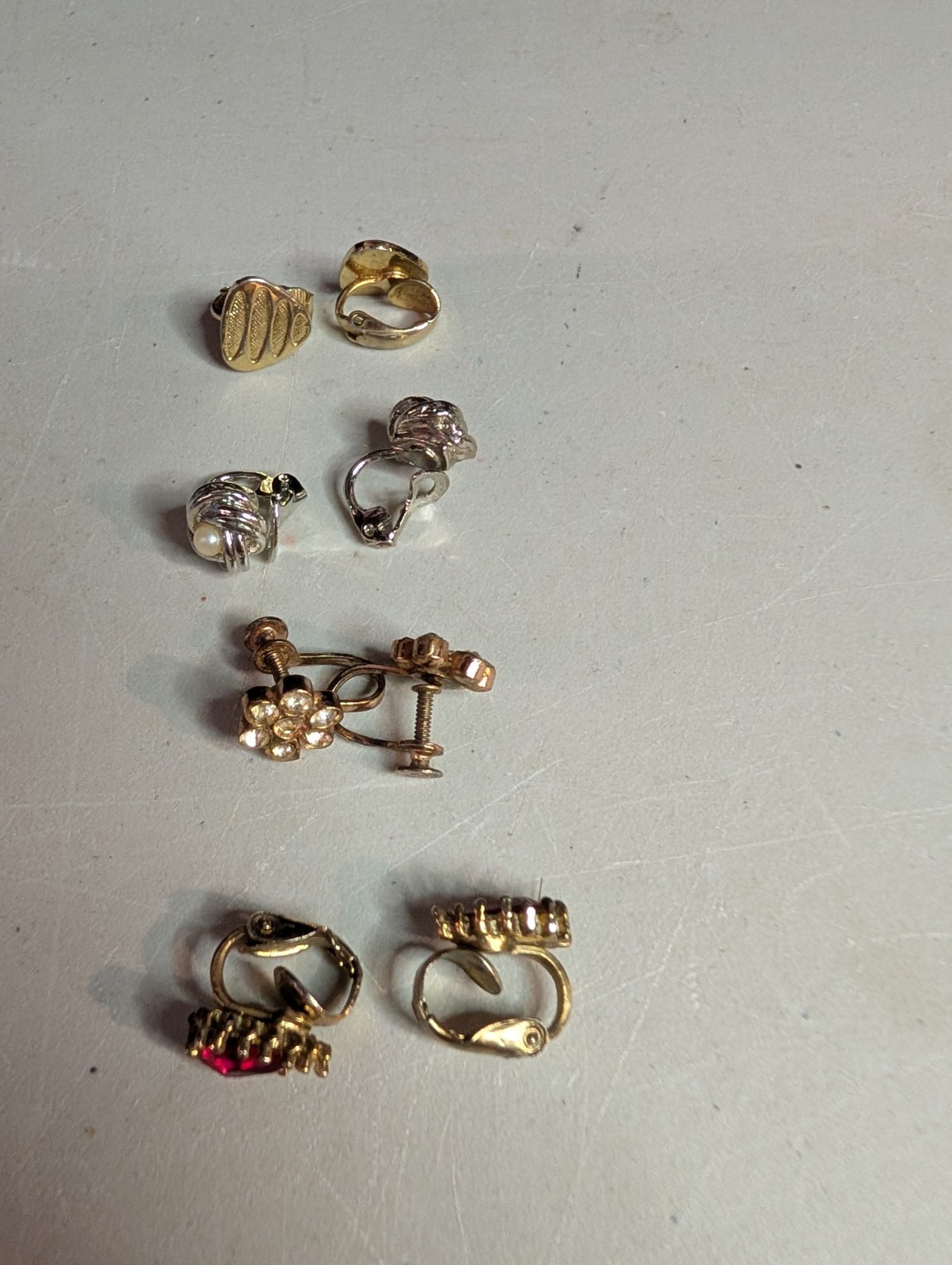4 Pc Vintage Stud & Clip-On Gold/Silver Tone Clear Rhinestone + Red Earrings