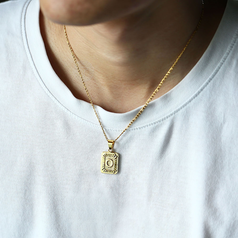 18″ Gold Plated Initial Letter Pendant Necklace Stainless Steel Figaro Chain Hot