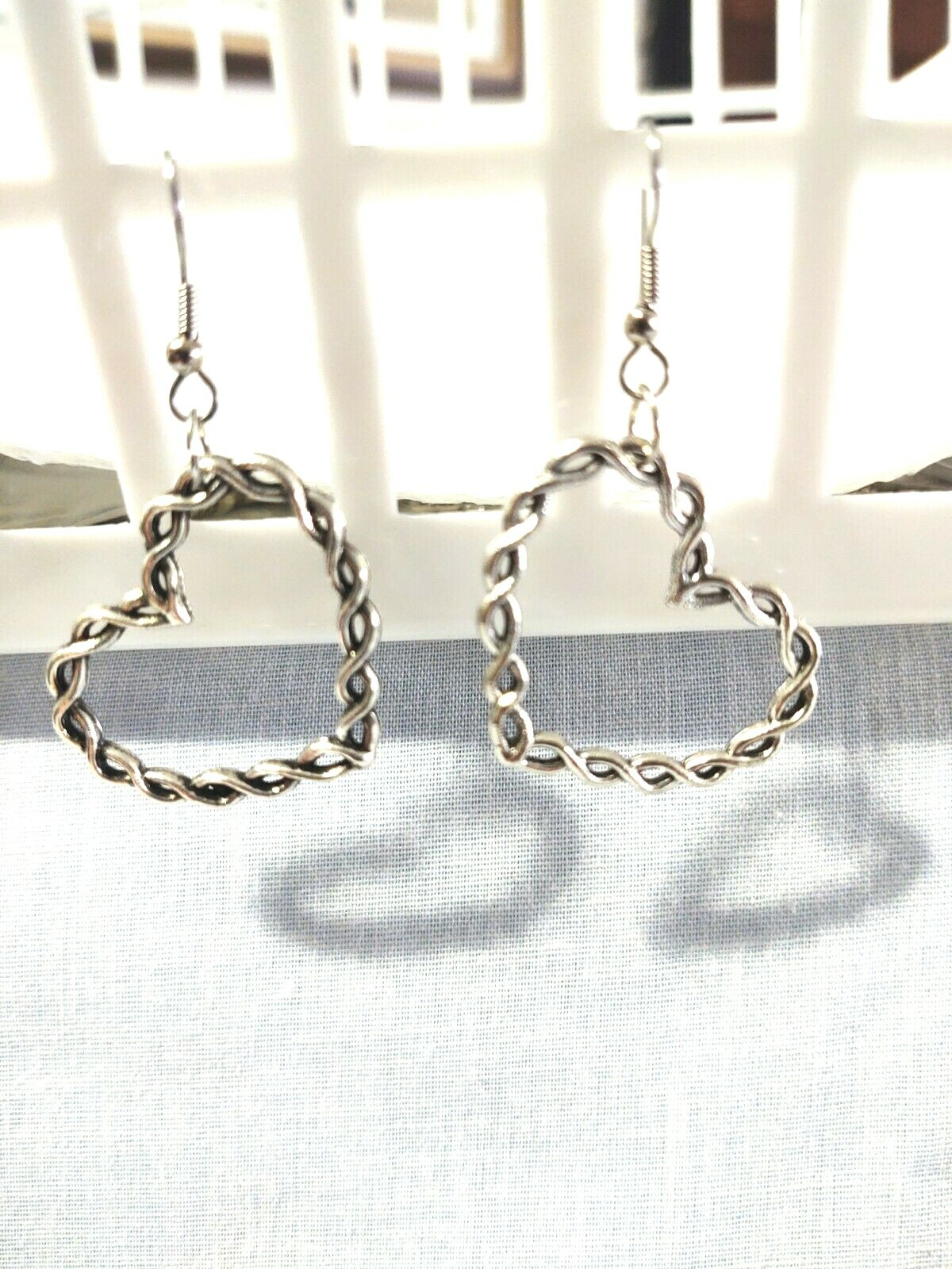 WOVEN HEART ROPE LOOK DANGLING SILVER ALLOY & STEEL PENDANT SIZE EARRINGS
