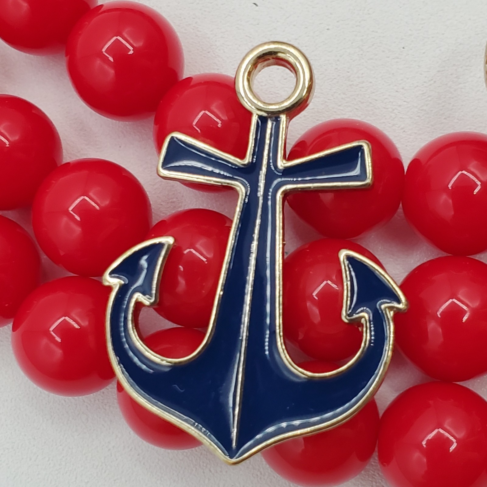 CC Nautical Set Necklace 19in Red Bead Triple Strand Blue Anchor 2 Sailboat Pins