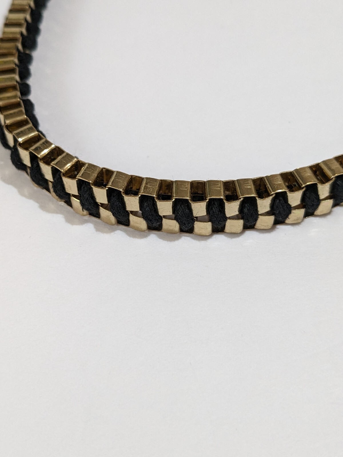 Gold Tone And Black Cord Braided Box Chain Necklace. Vintage. 16 Inch.