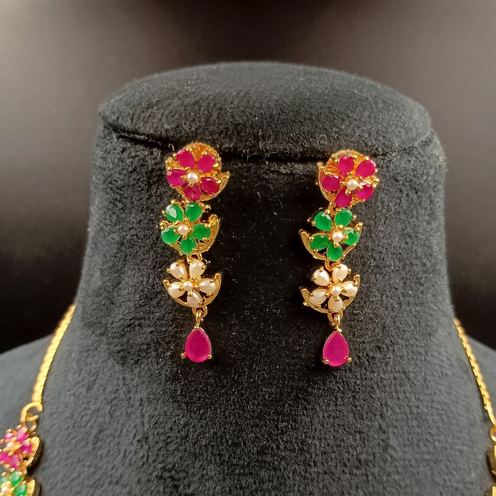 Vintage Flower Ruby Emerald Pearl Jewelry Set 22K Gold Plated Necklace Wedding G
