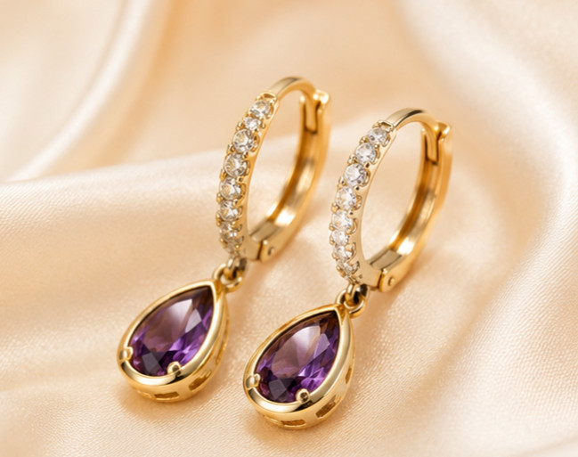 2Ct Pear Cut Simulated Amethyst Engagement Hoop Earrings 14K Yellow Gold Plated