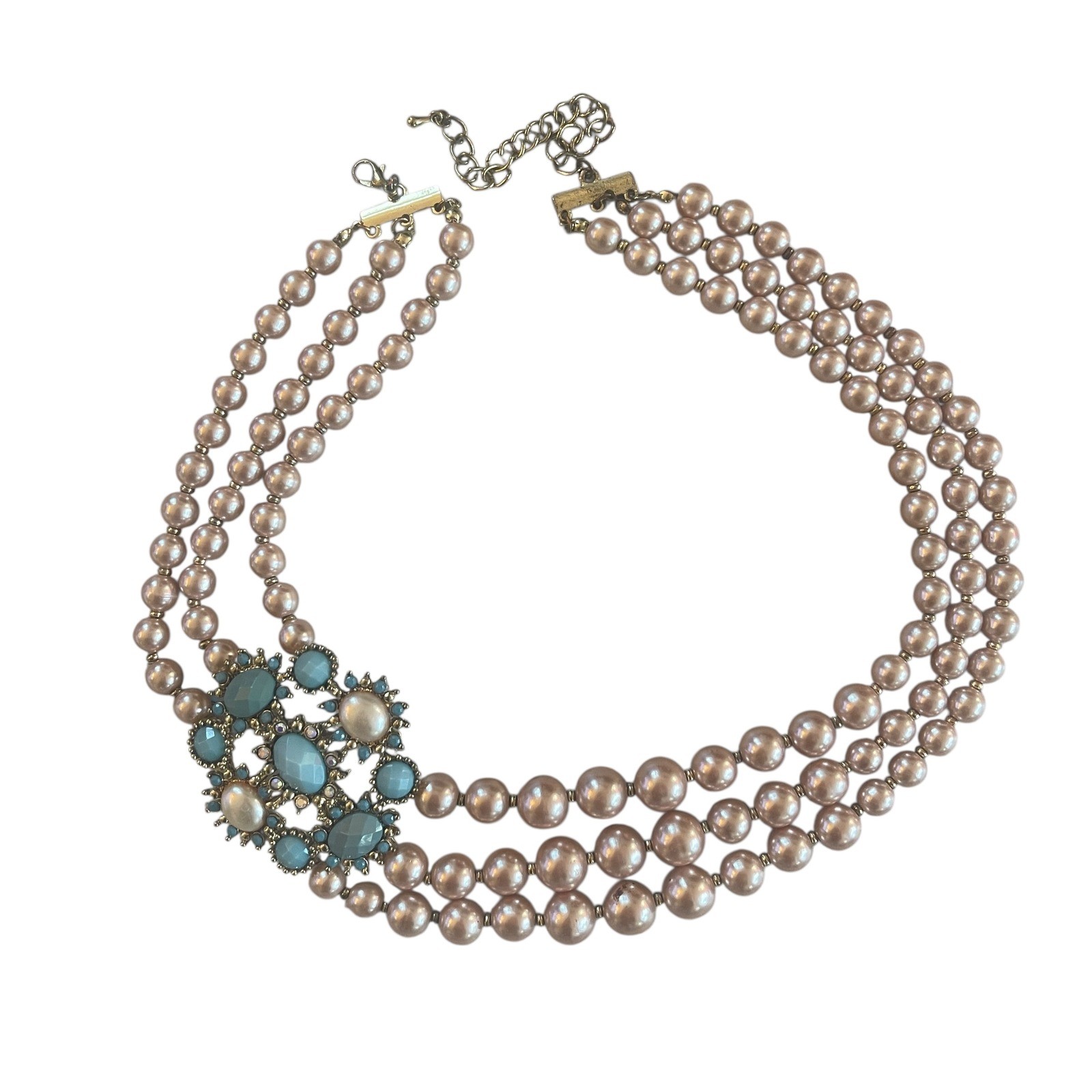 Luxury Vintage Style Necklace Blue&Blush Gem Cluster 3 Strand 18″ Any Occassion