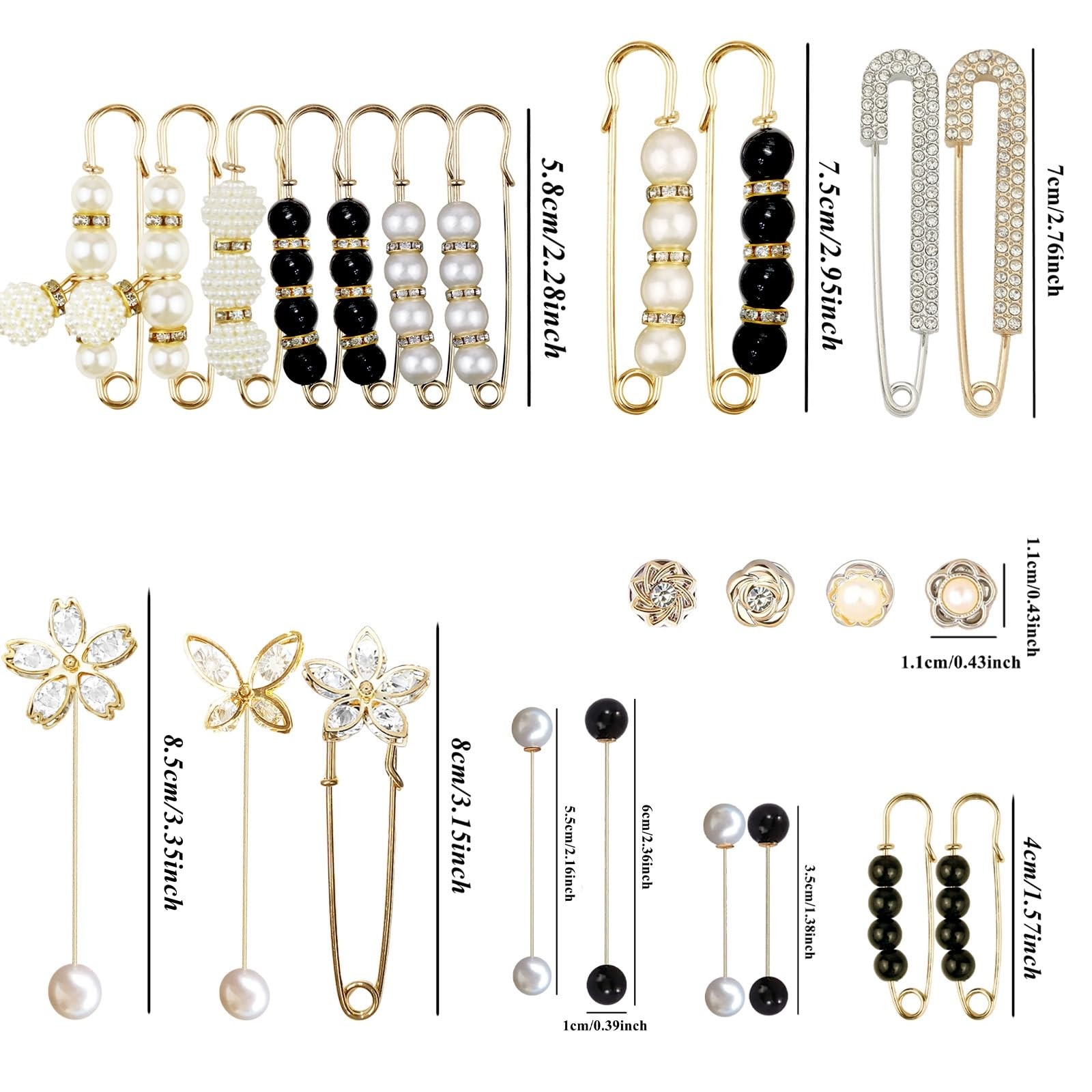 24 Pieces Pearl Crystal Brooch Safety Pins Button Pant Medium, Classic