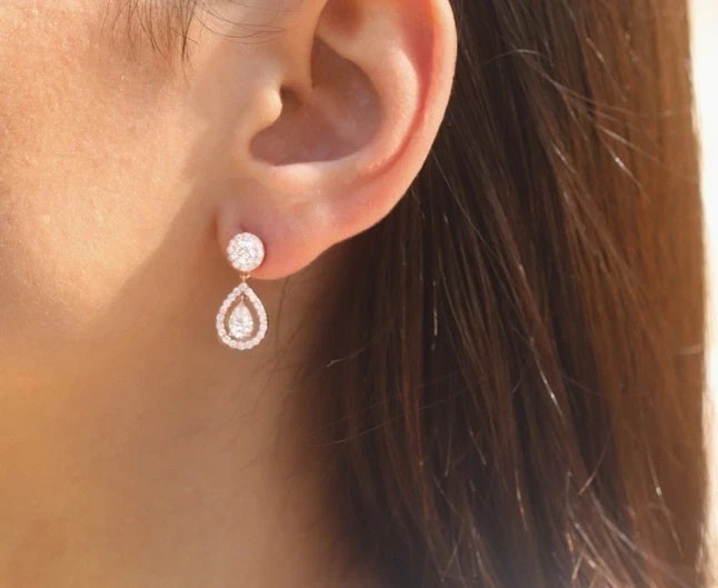 14k Rose Gold Plated In Pear Cut Simulated Diamond Women’s Pretty Drop Earrings