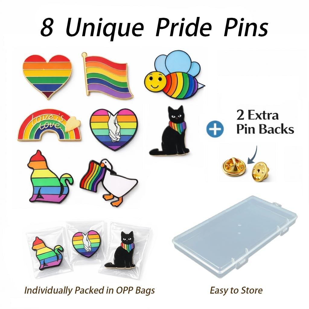8 Pack Rainbow Enamel Pins Set, Cute Pride Lapel Pins with 2 Spare Pin Backs,…