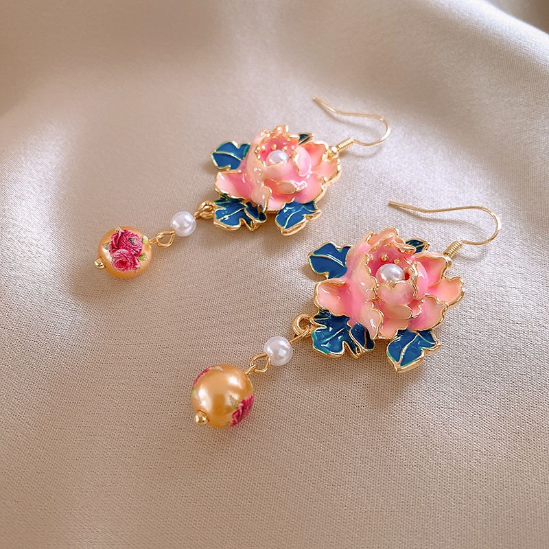Chinese Style Enamel Painted Flower Pearl Tassel Earrings Vintage Jewelry