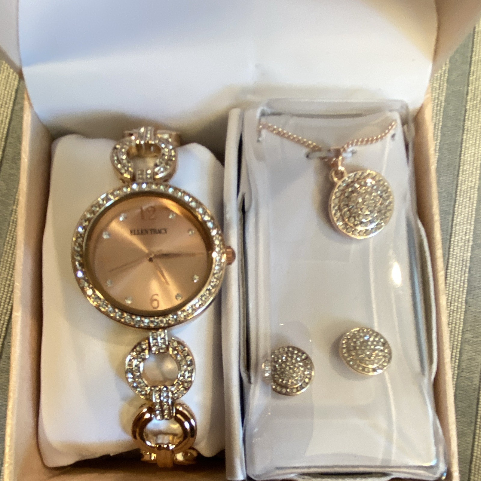 Ellen Tracy Rose Gold Tone Clear Rhinestone Necklace & Earrings Set ETJ8136RG