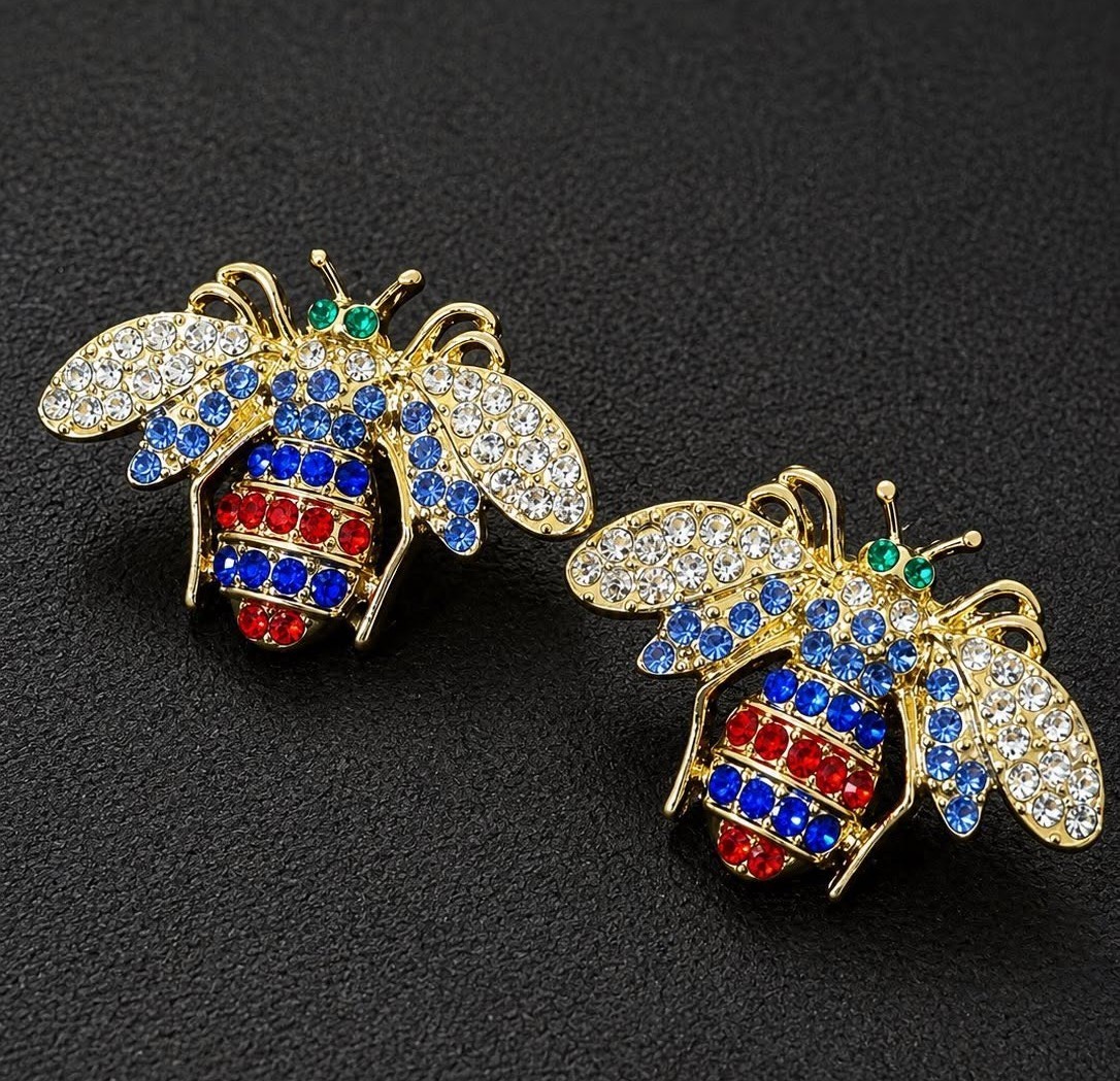 GOLD TONE BEE EARRINGS WITH YELLOW BLACK RED BLUE PURPLE TURQUOISE CRYSTALS POST