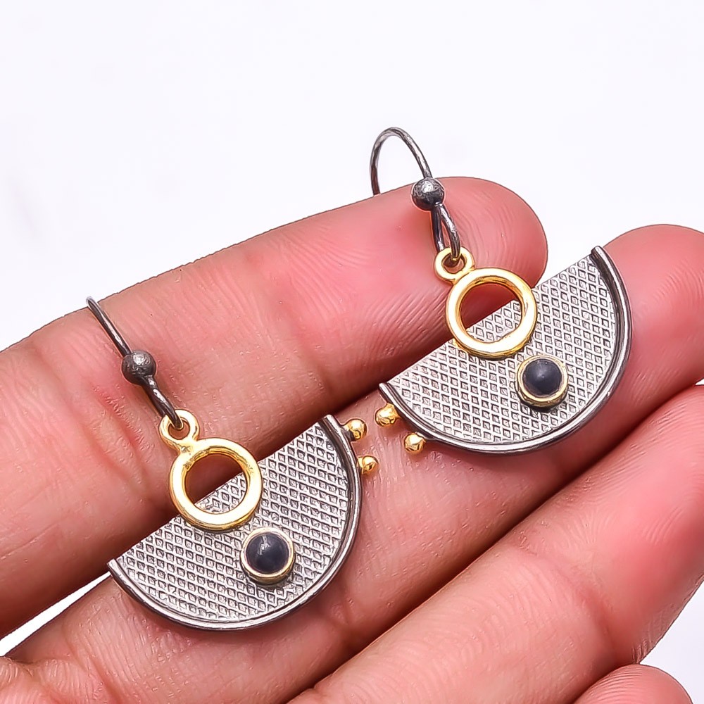 Copper Black Turquoise Gemstone 925 Silver Black&Gold Plated Earring 1.37″ E1