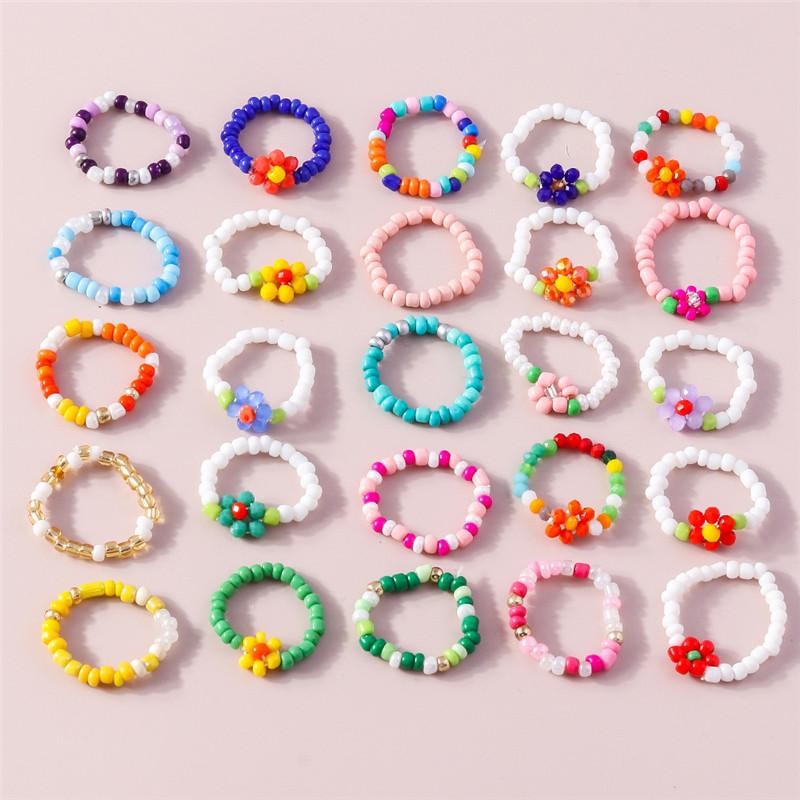 Bohemian Handmade Colorful Flower Beaded Ring Set for Women Beach Jewelry Gift