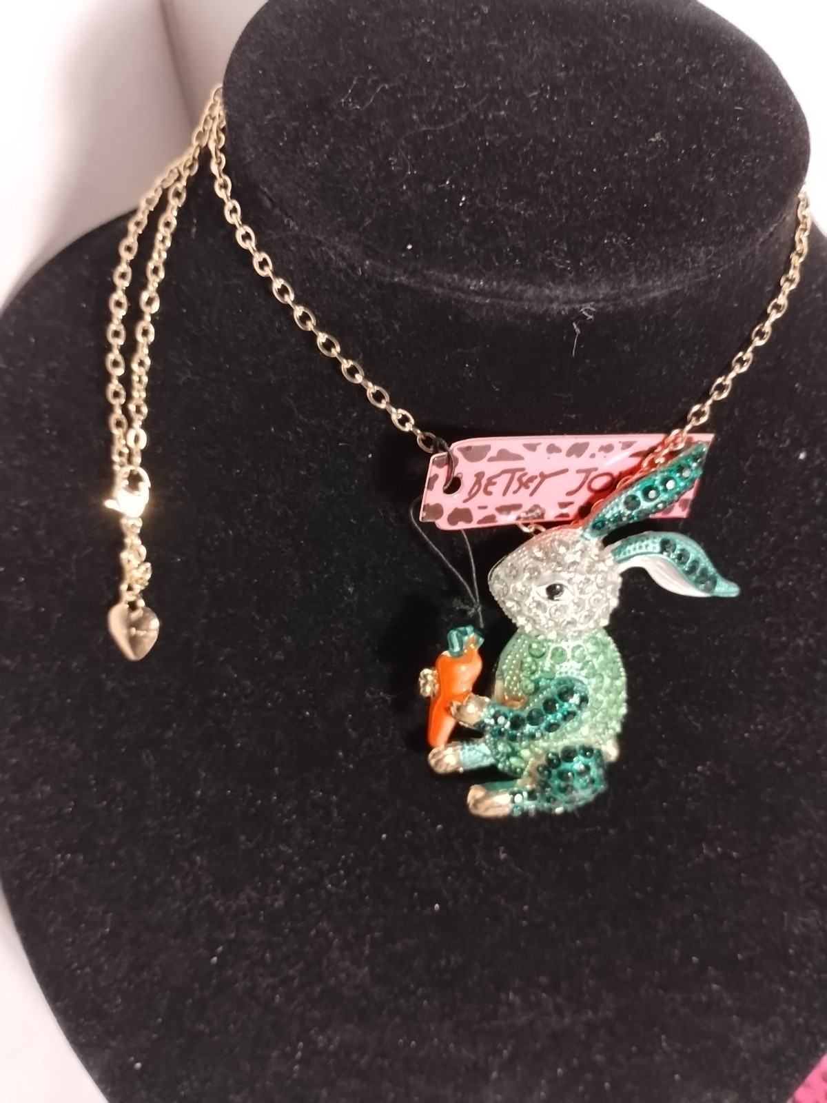 Betsey Johnson Green Rabbit / Bunny & Carrot Rhinestone Necklace/Pin New W/Tags