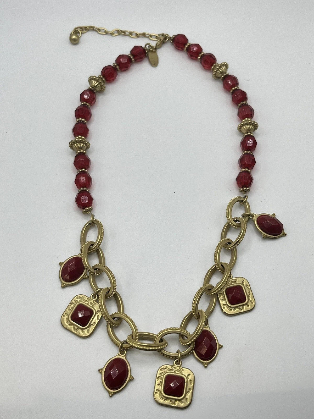 GEORGE BOHEMIAN MATTE GOLD CHAIN RED CABOCHONS RHINESTONES 18-21″ NECKLACE EUC