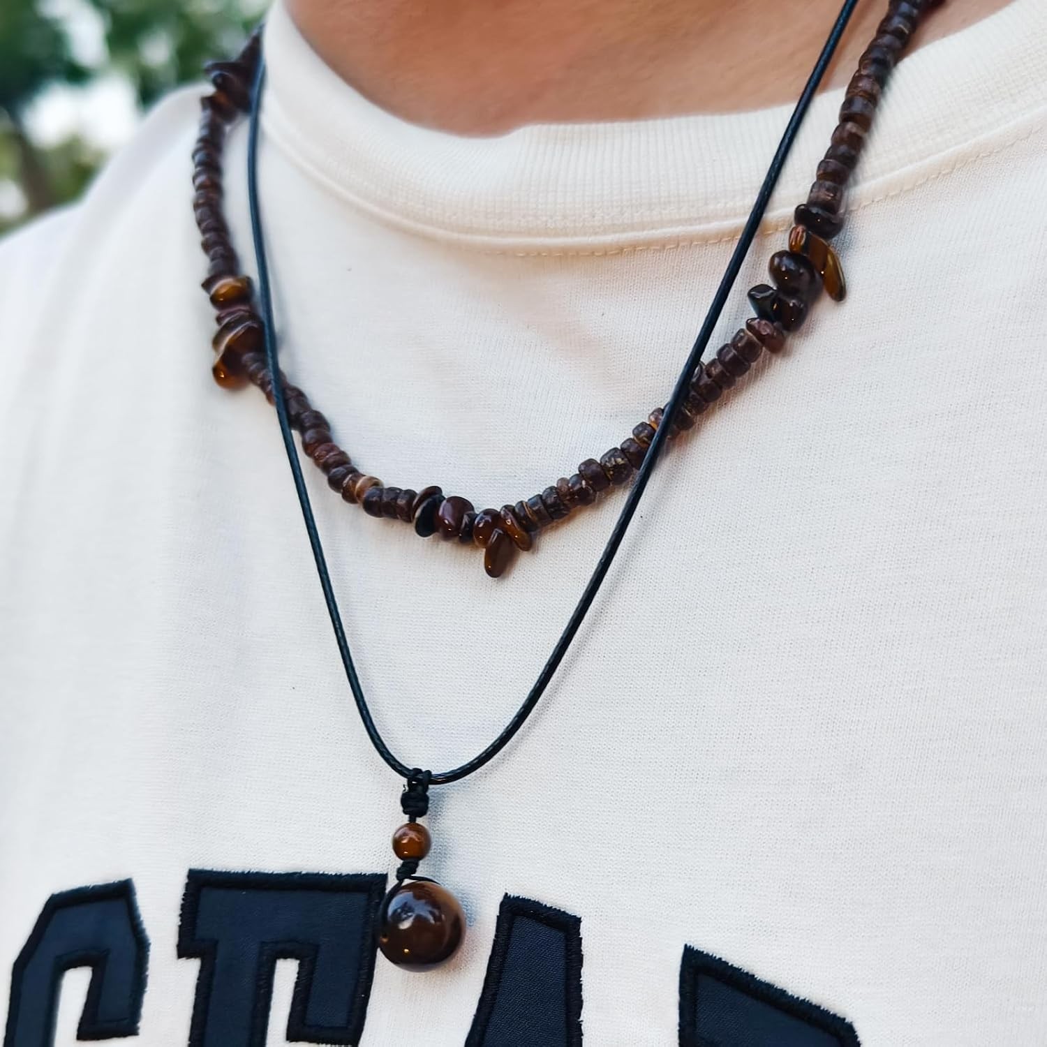 Layered Puka Shell Necklace for Men Brown Coconut Wood Beads Necklace Boho Mens