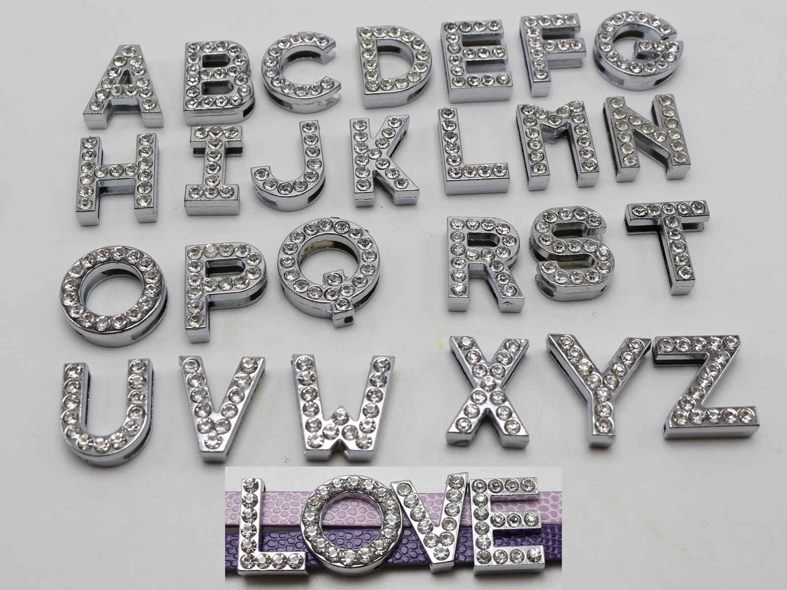 5 Pcs Silver Larger Alloy Rhinestone Letter “A-Z” Slide Charm Fit 18mm Wristband