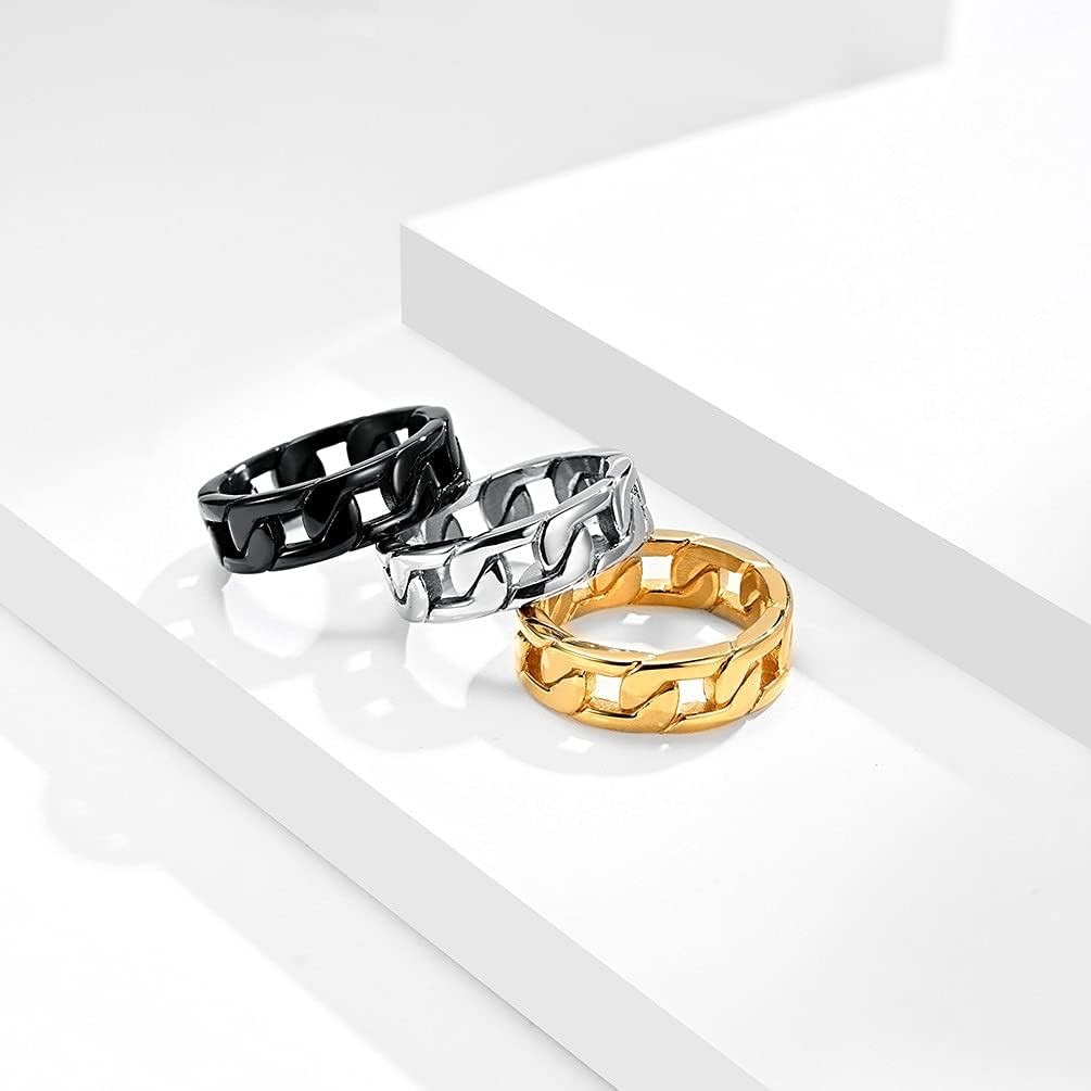 Cuban Link Rings for Men , Gold Plated Stainless Steel 7mm Wide Chain Band Ri…