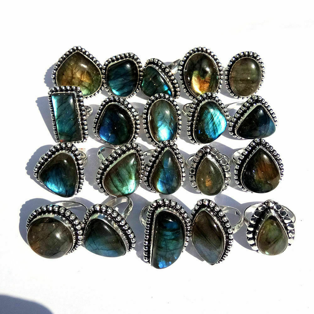 Bulk Sale ! Wholesale 30Pcs Lot Labradorite Rings 925 Sterling Silver Plated