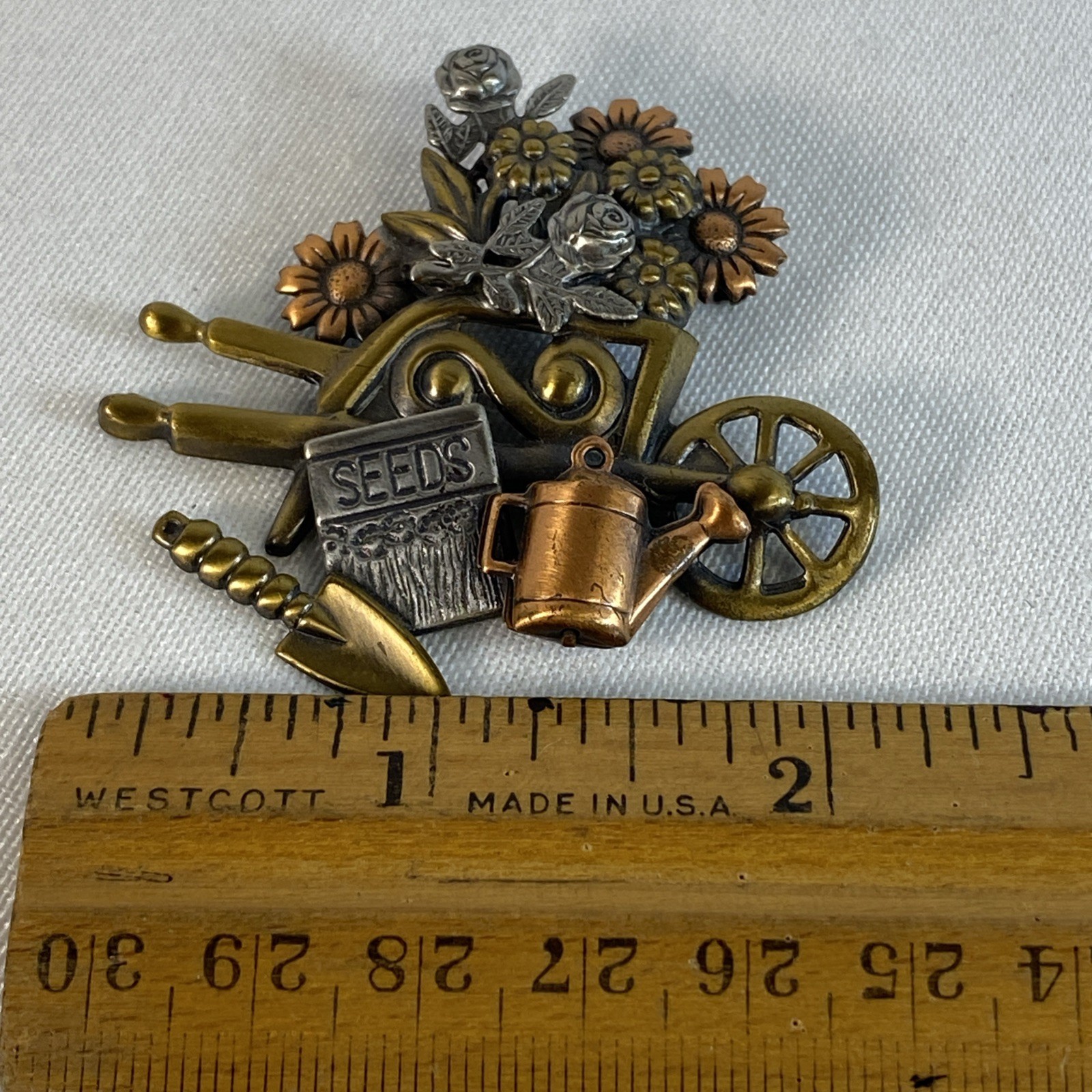 Brooch Pin K&T Flower Gardening Wheel Barrel Watering Can Spade Seeds Flowers