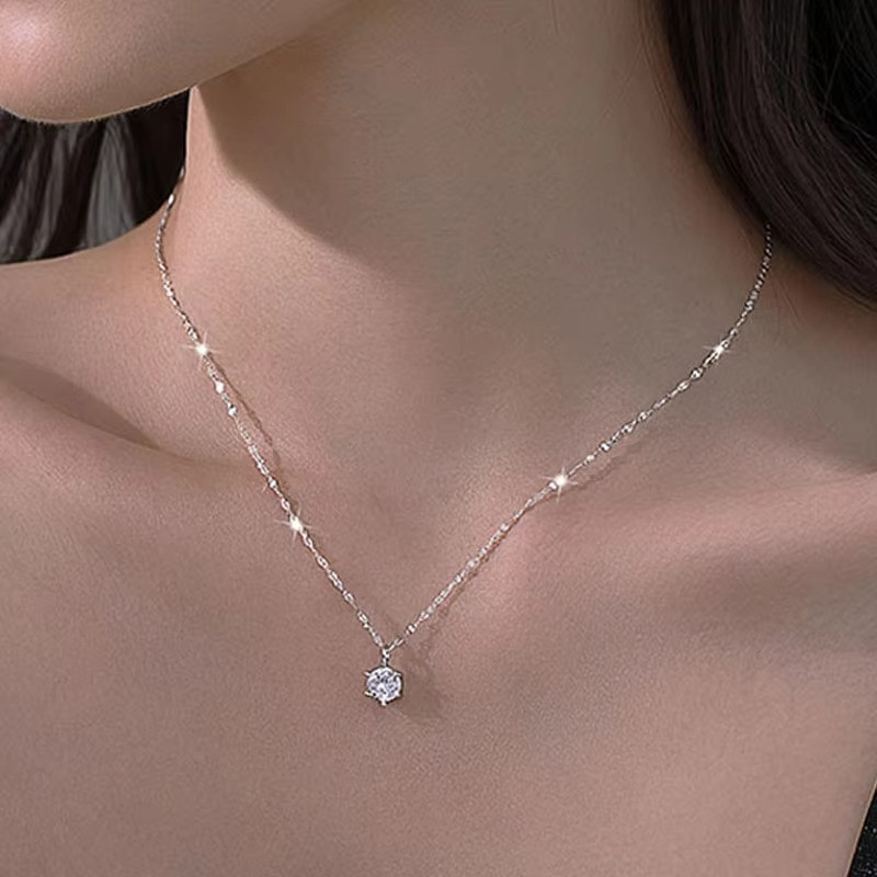 925 Sterling Silver Plated Necklace – Sparkling Zircon Clavicle Chain Jewelry