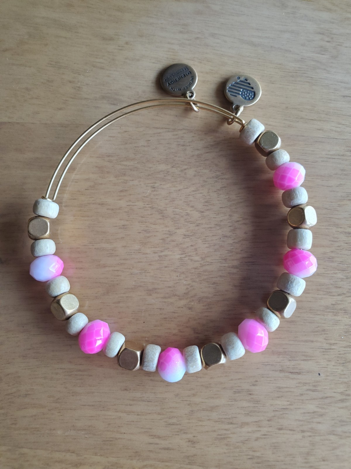 Gently Used Alex & Ani Pink , Gold, Wood Beaded Goldtone Bracelet