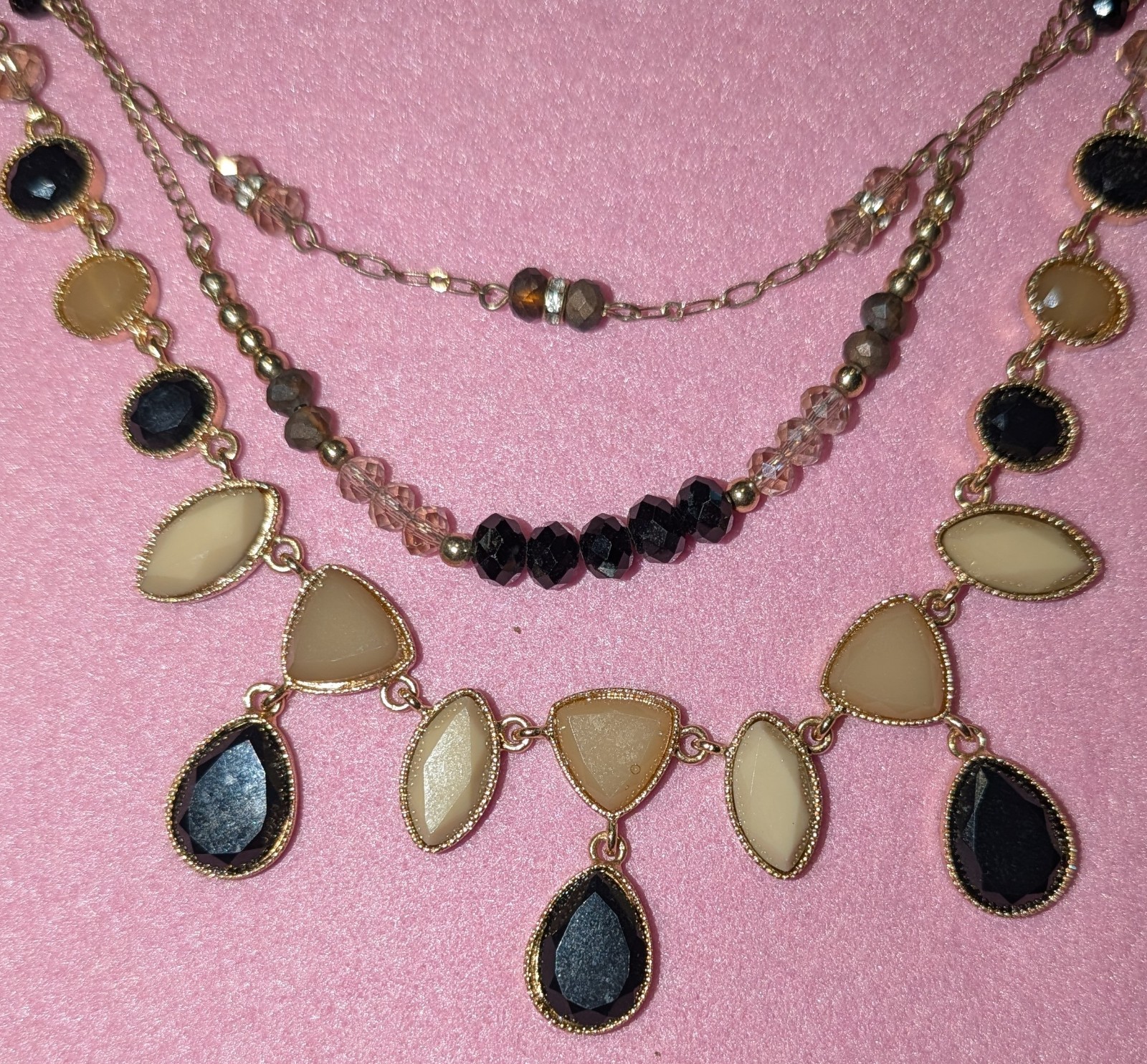 Gold Tone Layered Multi-Strand Beaded Necklace Black Ivory Teardrop Drops