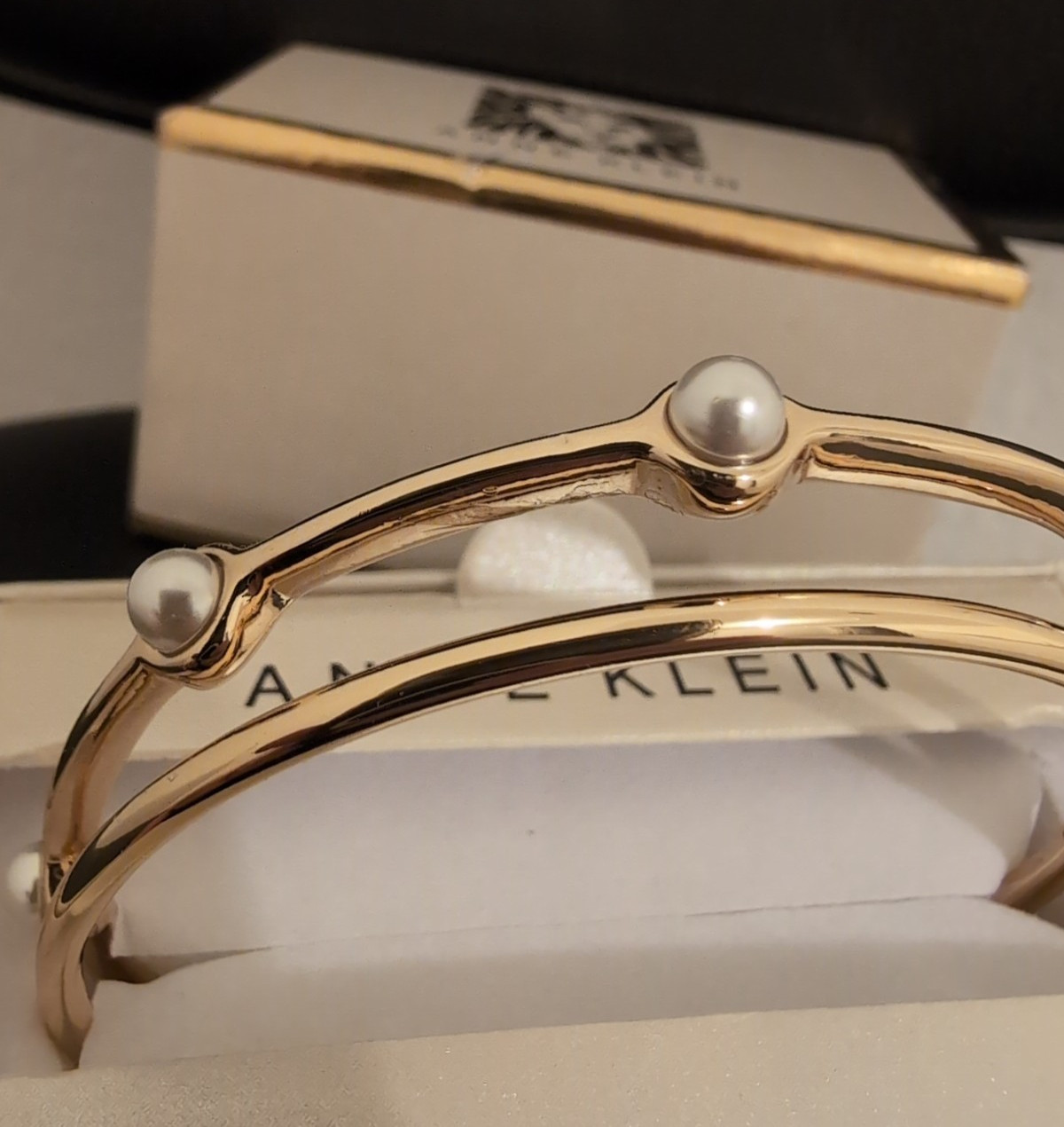 Anne Klein Bangle Bracelets Gold Tone 2-Pc Set Crystal Boxed – See Description