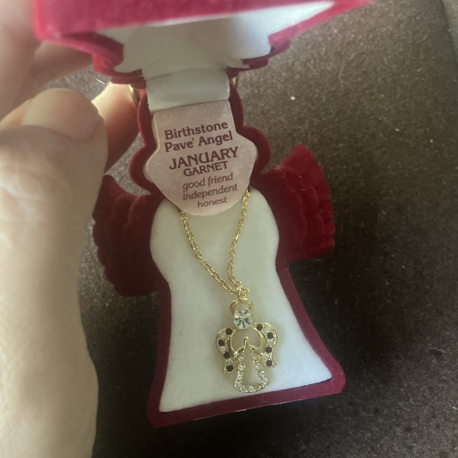 Gold Tone Pavé Angel Charm Pendant Necklace Clear Crystal Garnet Red Cable