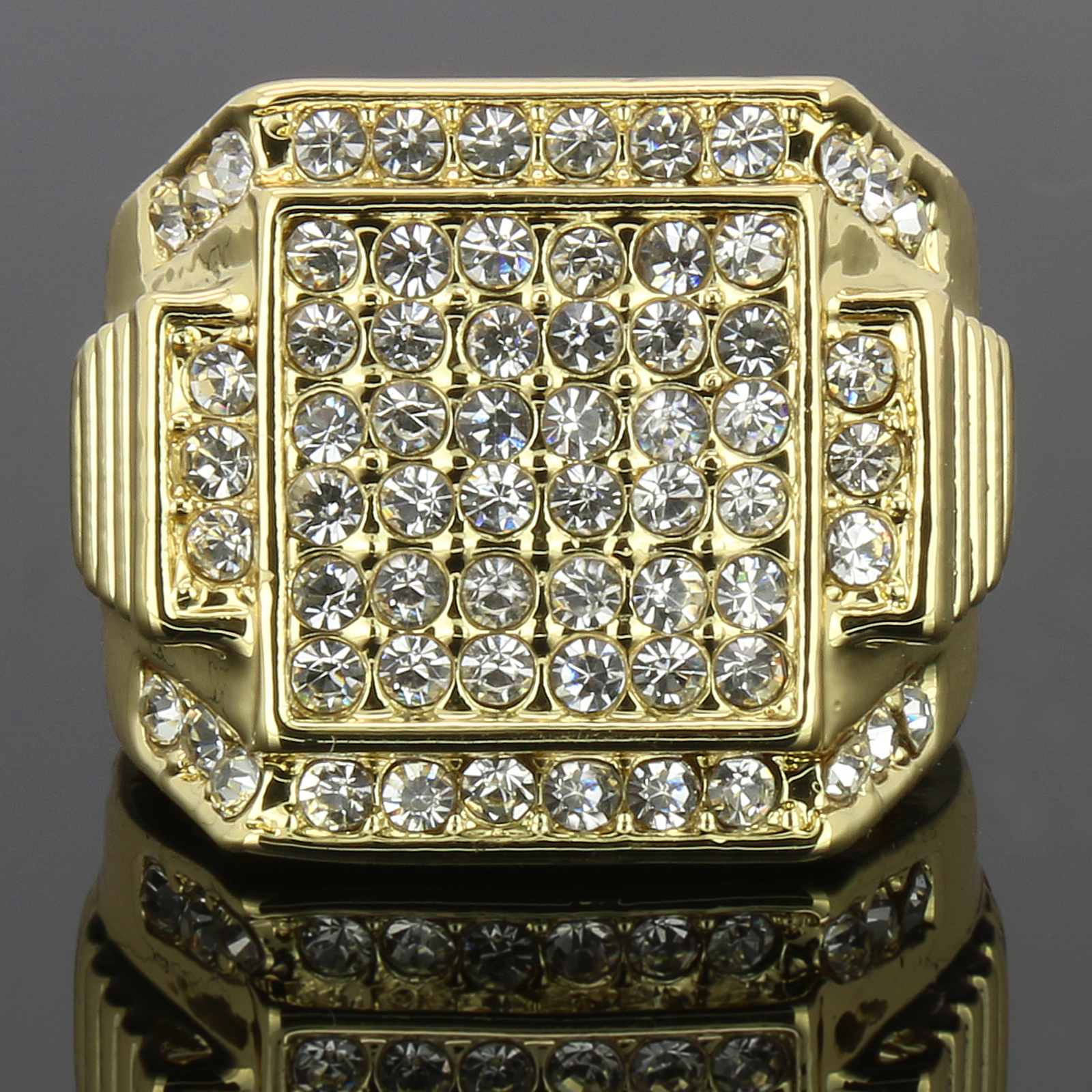 Mens 14k Gold Plated Hip Hop Style 6 Square Ring Cubic-Zirconia