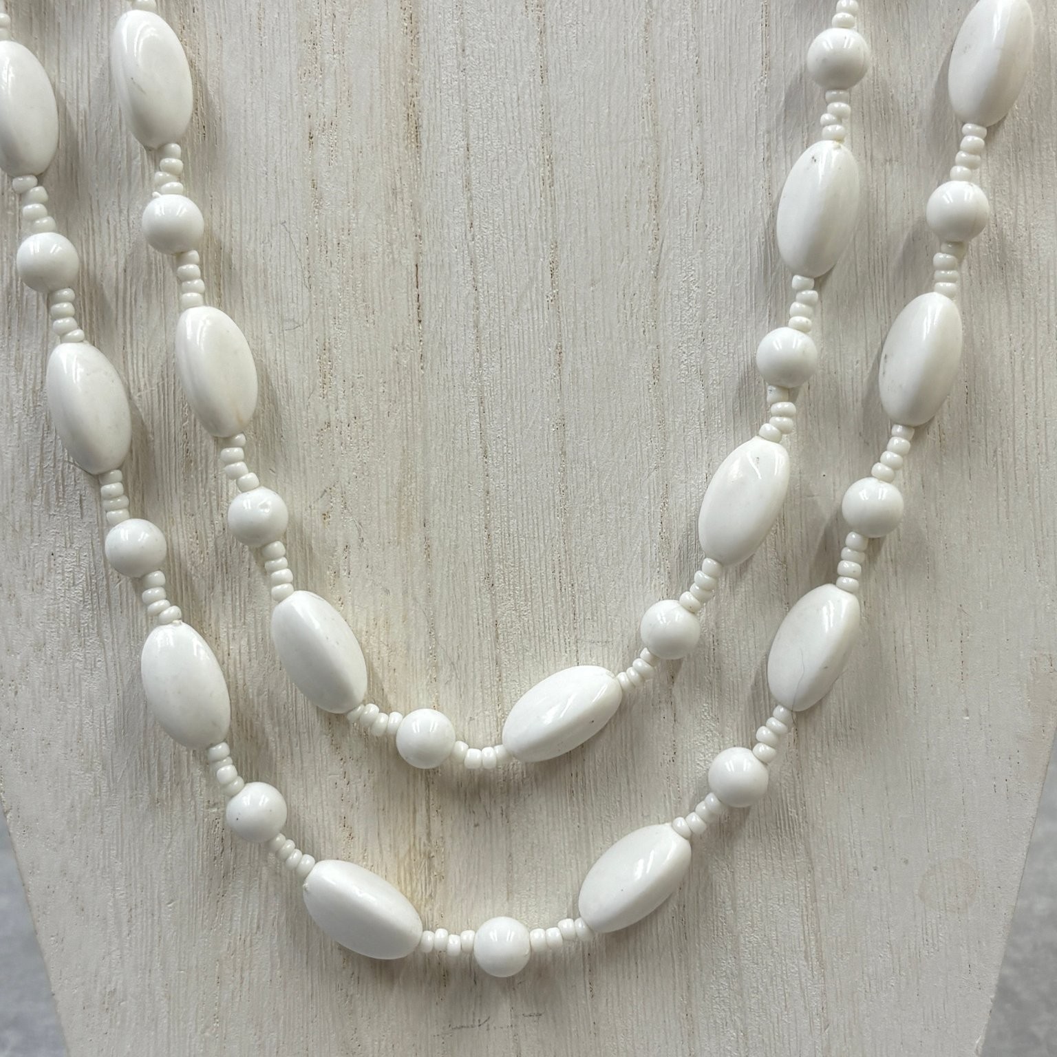 White 48″ Opera Length Beaded Necklace Plastic Resin Endless Loop