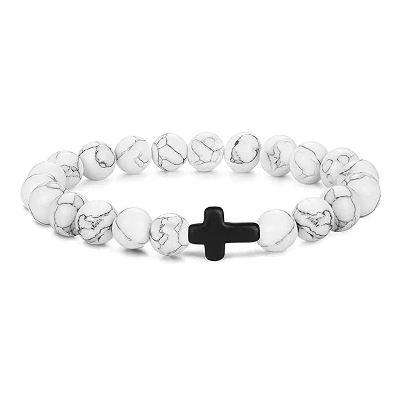 1pc Natural Stone & Wood Bead Prayer Bracelet with Cross – NEW