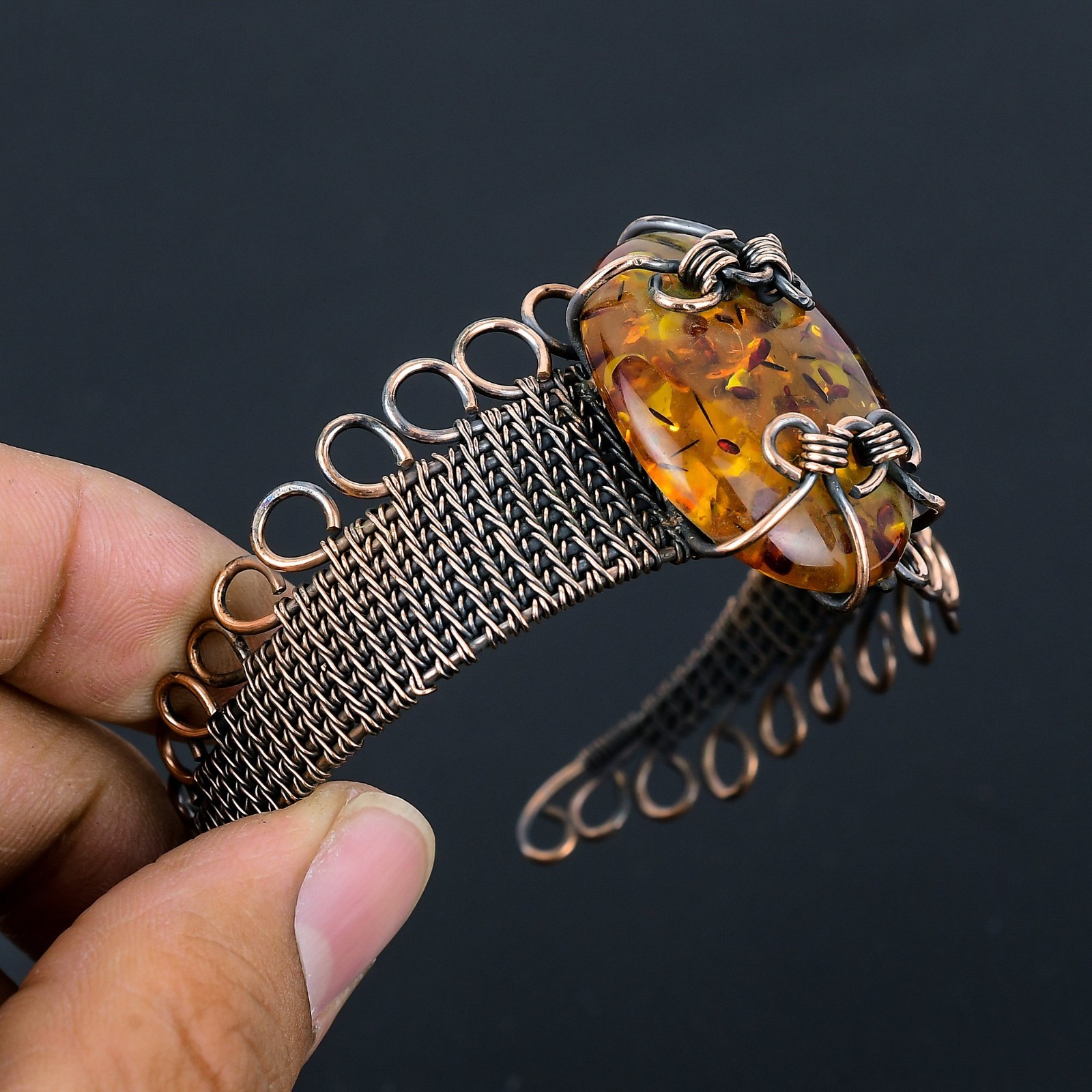 Baltic Amber Handmade Gemstones Copper Wire Wrapped Adjustable Bangle Jewelry