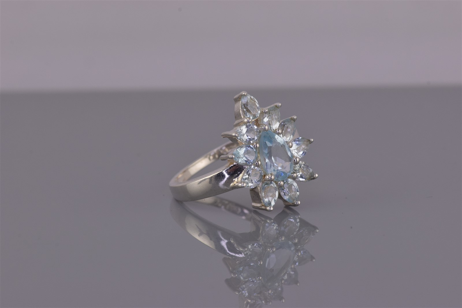 Sterling Silver 19mm Pear Cut Blue Topaz Halo Clustered Band Ring 925 Sz: 7