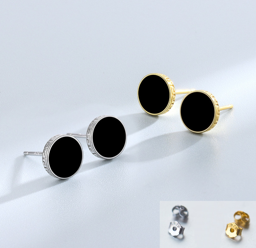 Women Men Sterling Silver Black Enamel Round Stud Post Earrings 8mm Gift Box I84