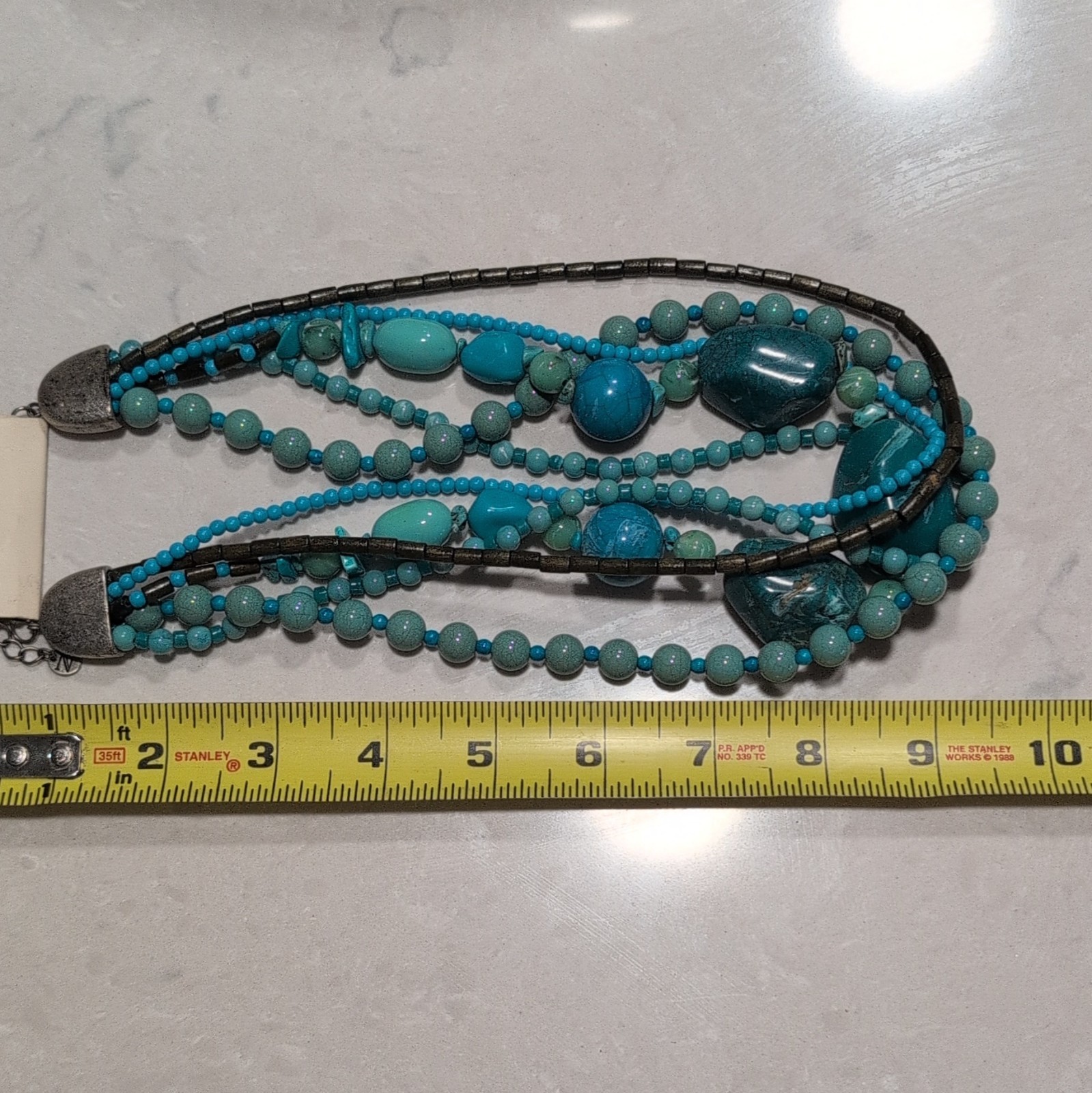 DaVinci Layered Turquoise Blue Beaded Necklace, Adjustable 18in Lobster Clasp