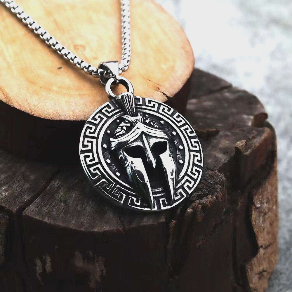 Silver Greek Spartan Warrior Helmet Pendant Necklace Chain Men’s Jewelry