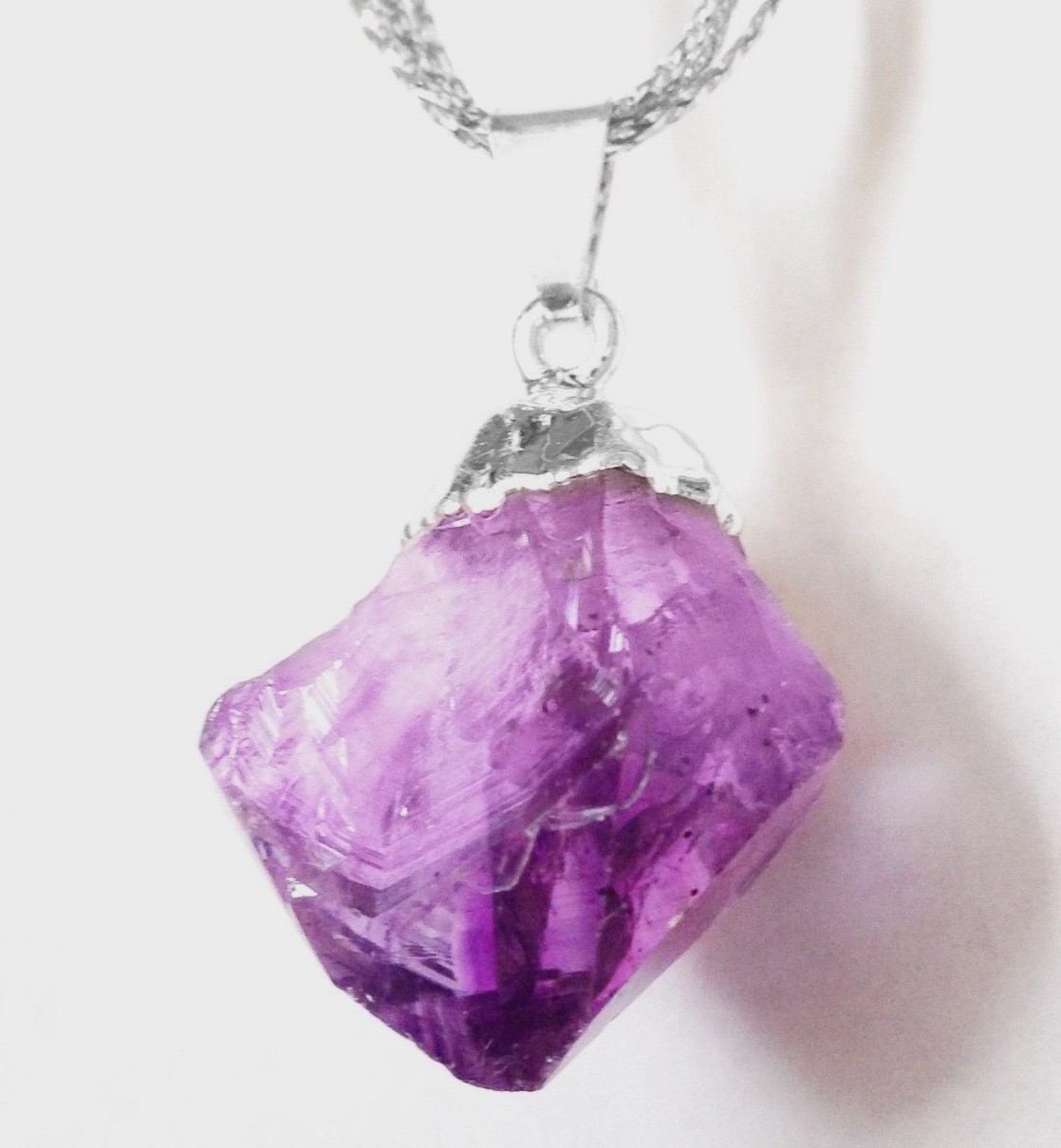 Natural AMETHYST Point Pendant Chakra Crystal Silver Necklace HANDMADE Protect