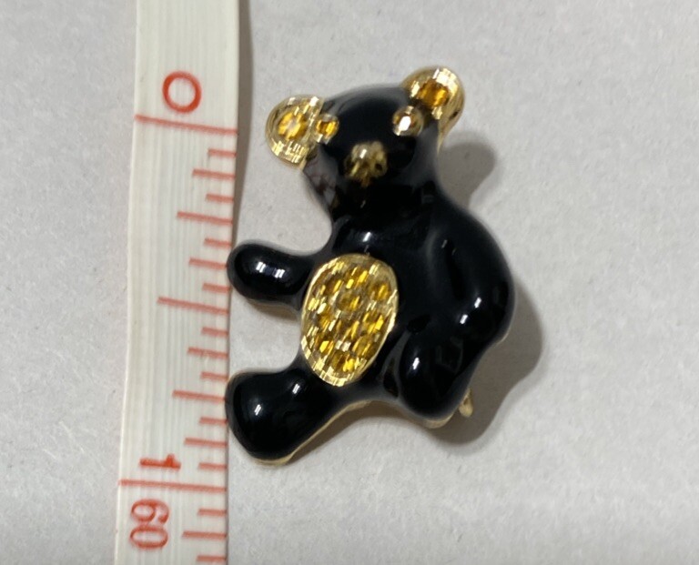 Vintage ROMAN Teddy Bear Pin Black Enamel With Amber Rhinestones Signed