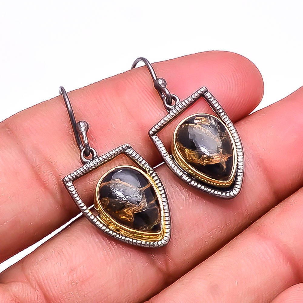 Copper Black Obsidian Designer 925 Sterling Silver Handmade Earring 1.56″ E24