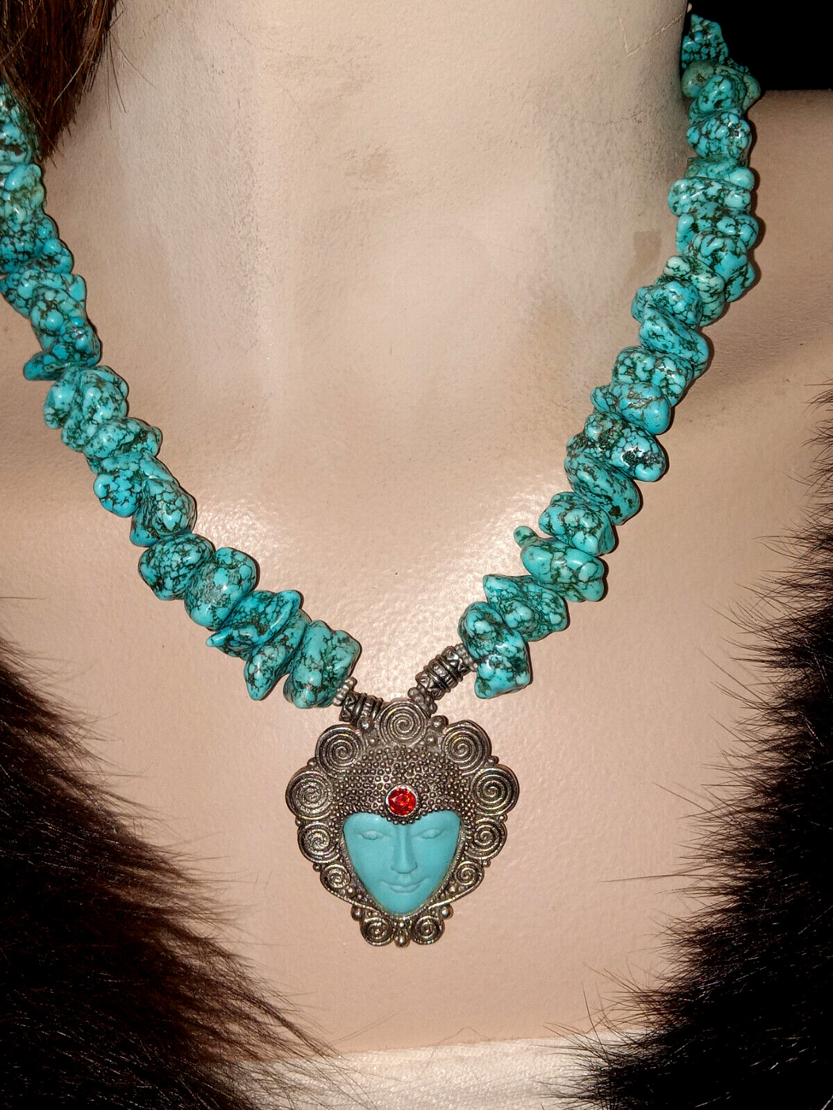 MOON GODESS 925 ,TURQUOISE BEAD W/GARNET ACCENT NECKLACE 19″, 92.5G