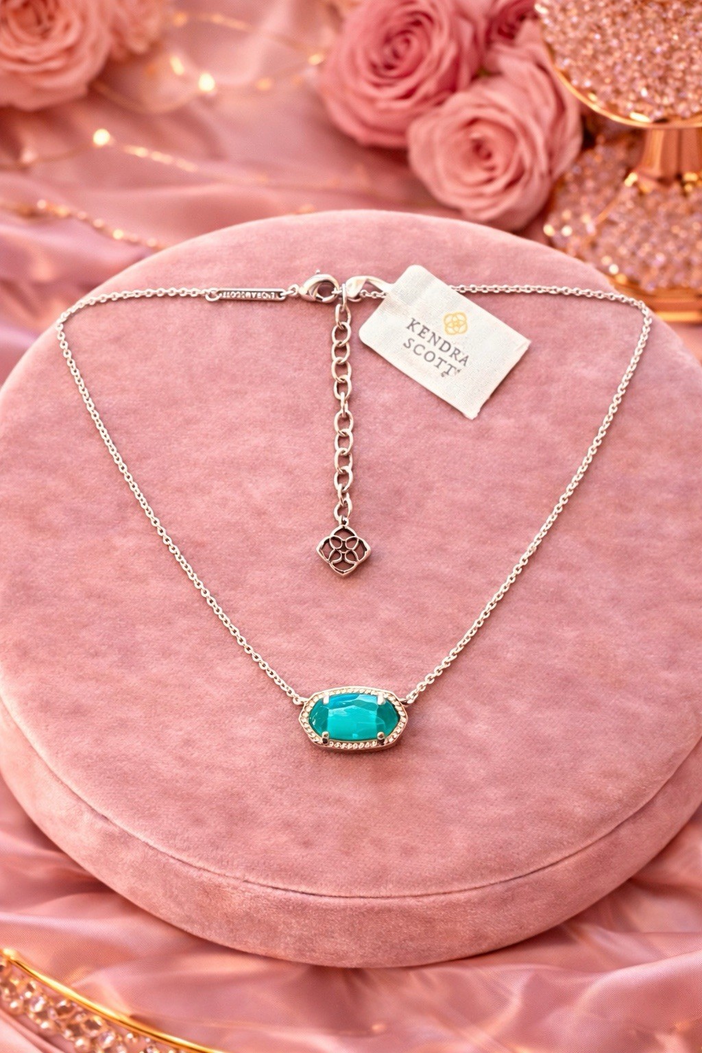 Kendra Scott Elisa Pendant Neckiace, Rhodium Plated, Emerald Cat’s Eye