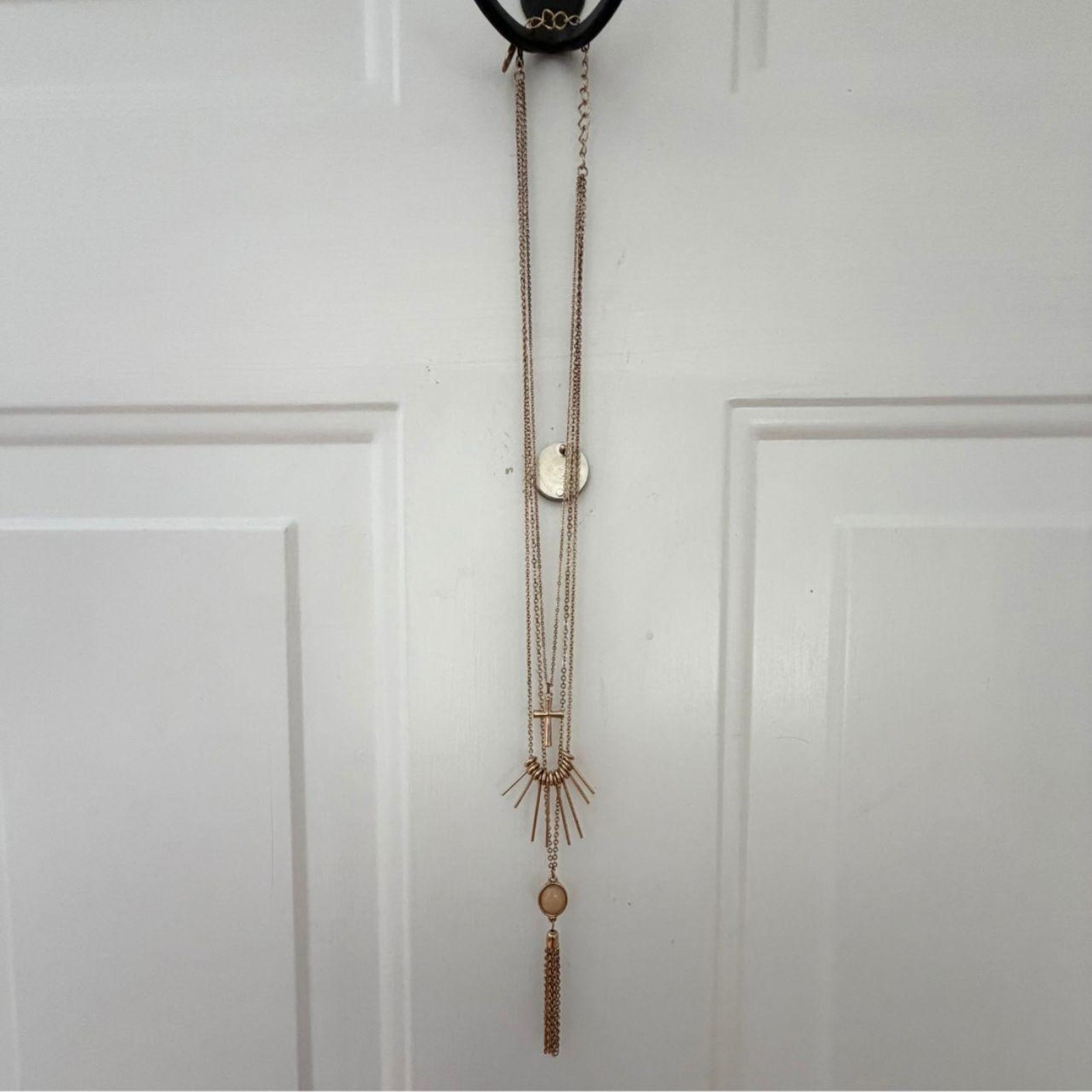 Boho Layered Multi Strand Chain Tassel Necklace Cross Charms Statement