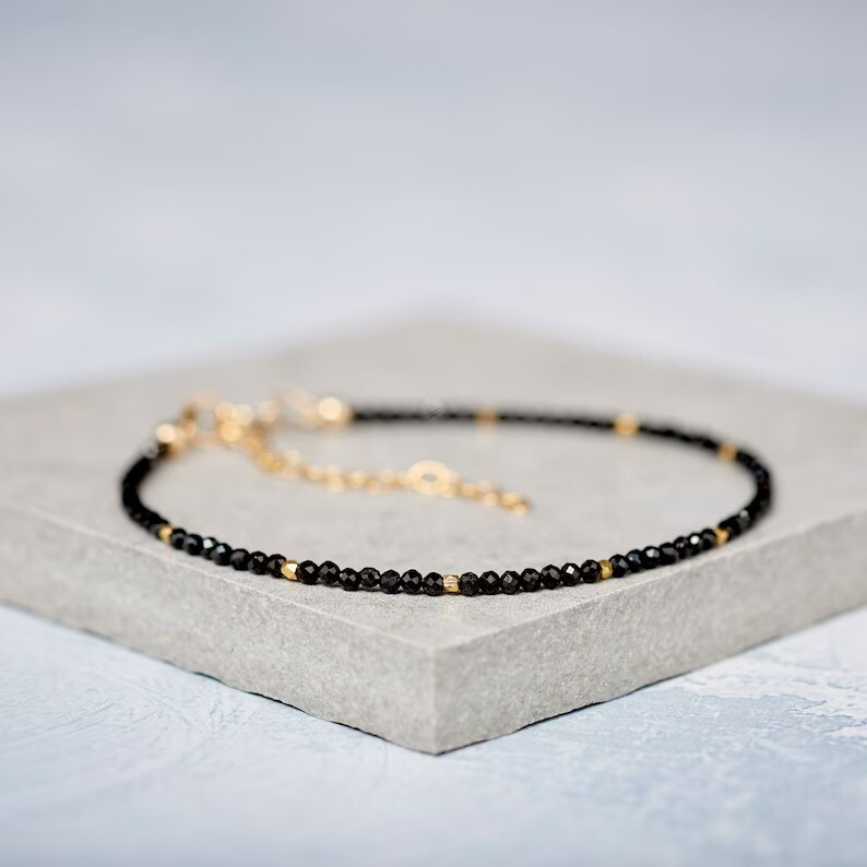 Minimalist Black Spinel Tiny 2mm Gemstone Healing Protection Dainty Bracelet
