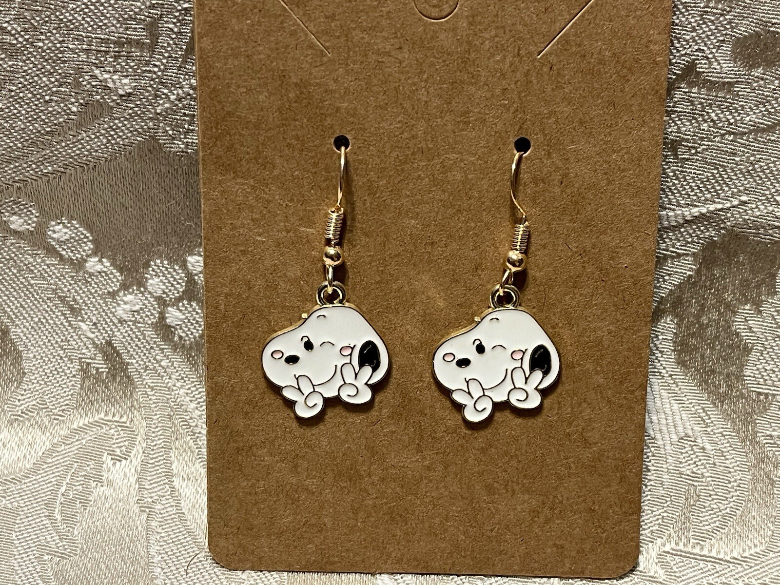 Snoopy Gold Loop Enamel Drop Dangle Adorable Earring Set