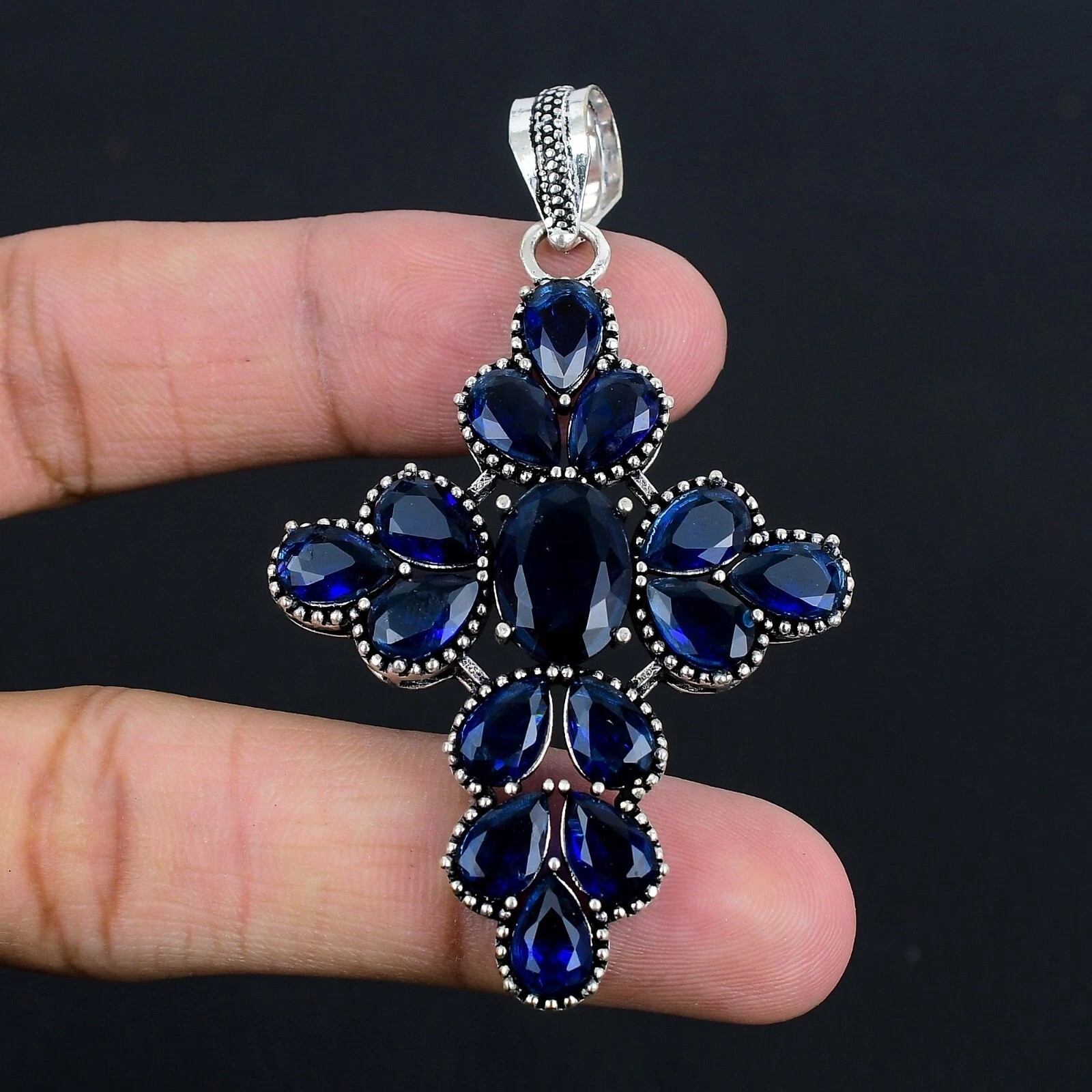 Sapphire (Lab-Created)Gemstone Handmade 925 Sterling Silver Jewelry Pendant 2.3″