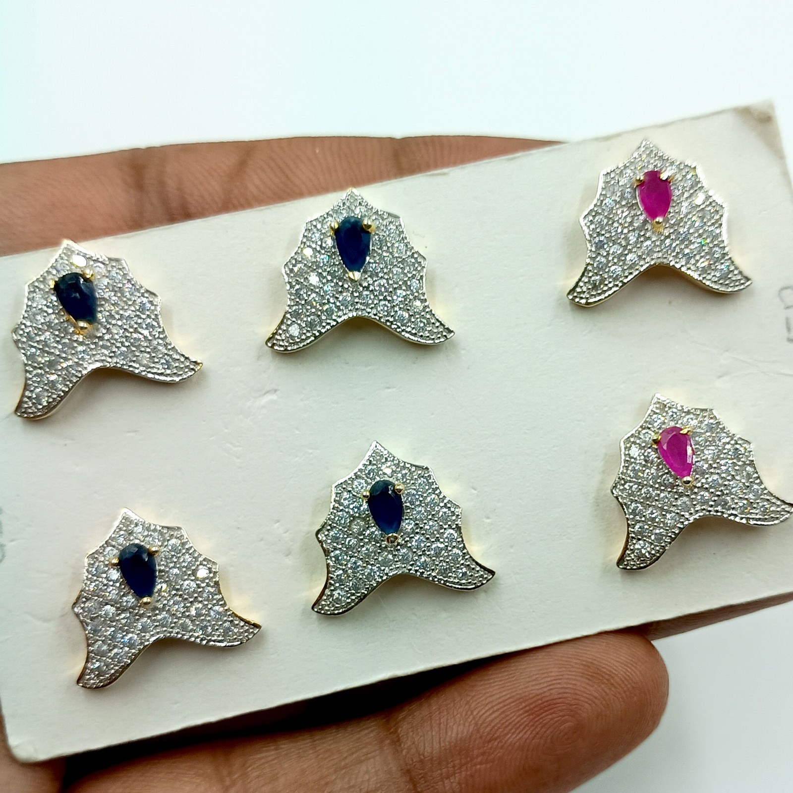 Ethnic South Indian CZ Stud Earrings Ruby Sapphire 22K Gold Plated Wedding