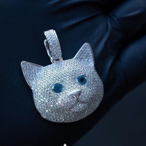 Round Simulated Diamond Stunning Cluster Cat Face Pendant 14K White Gold Plated