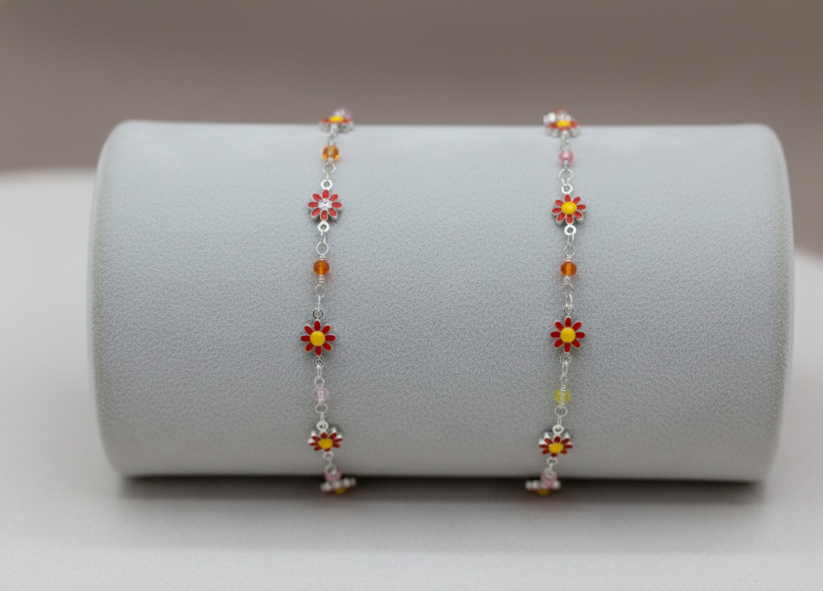 Floral Charm Bracelet 925 Silver Tone Chain Bracelet with Colorful Enamel Dasiy